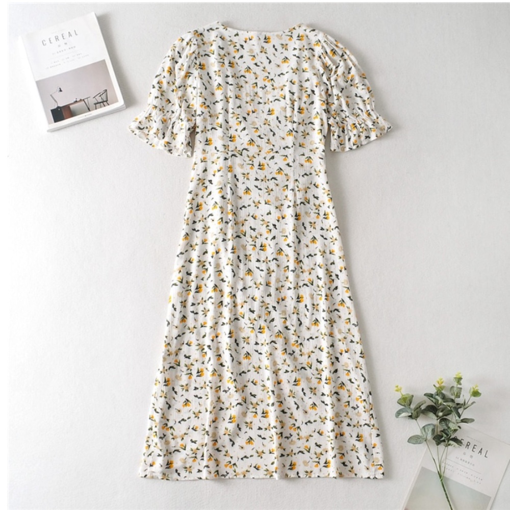 Boho yellow floral Puff Sleeve Dress Tulip Hem Vintage Style - Picture 3 of 3